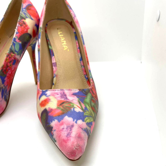 Liliana Pink Blue Jane Floral Closed Pointed Toe Heel Stiletto Size 9 - Picture 3 of 12